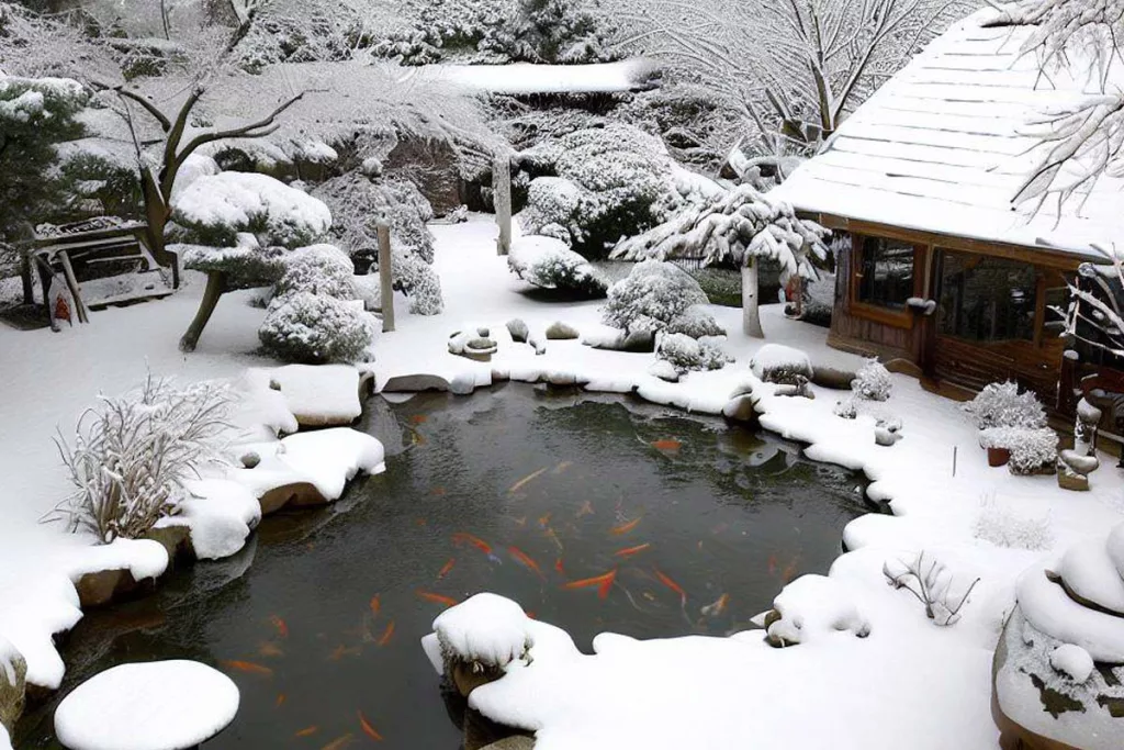 A backyard koi fish pond in winter.