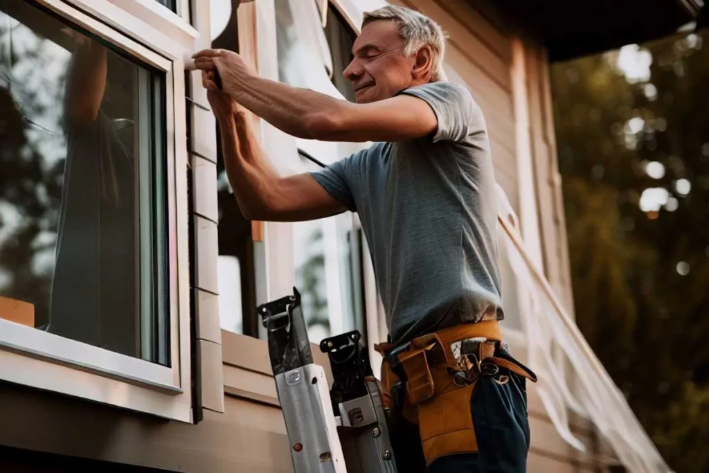 A contractor installing storm windows.