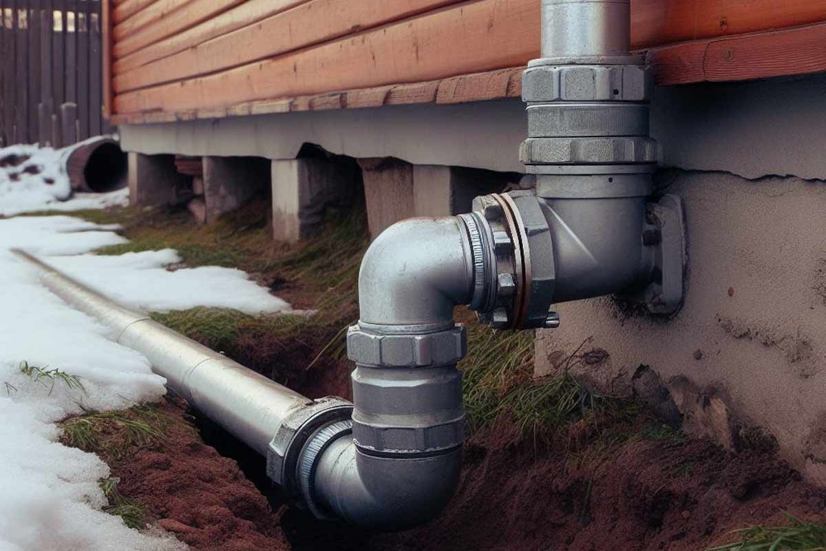 A metal pipe in a back yard connected to a house, snow on the ground.