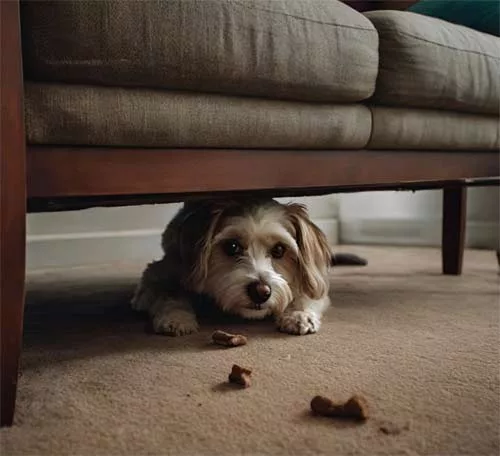 A dog trying to get one dog treat from under a couch.