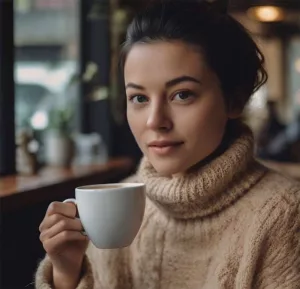 Woman wearing a wool sweater, sipping coffee.